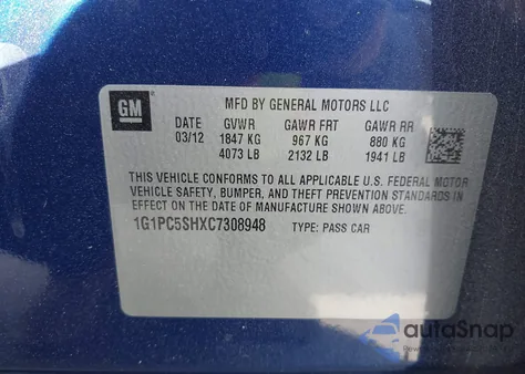 2012 Chevrolet Cruze Ls from USA, damaged, VIN 1G1PC5SHXC7308948